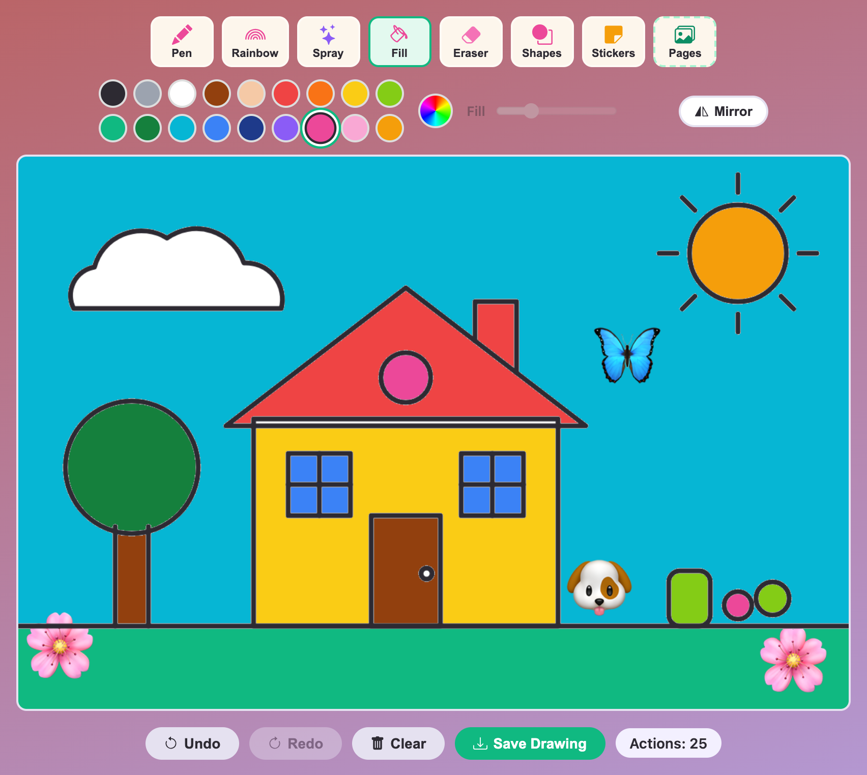 the House coloring page filled with a blue sky, red roof and yellow walls, plus dog, butterfly and flower stickers