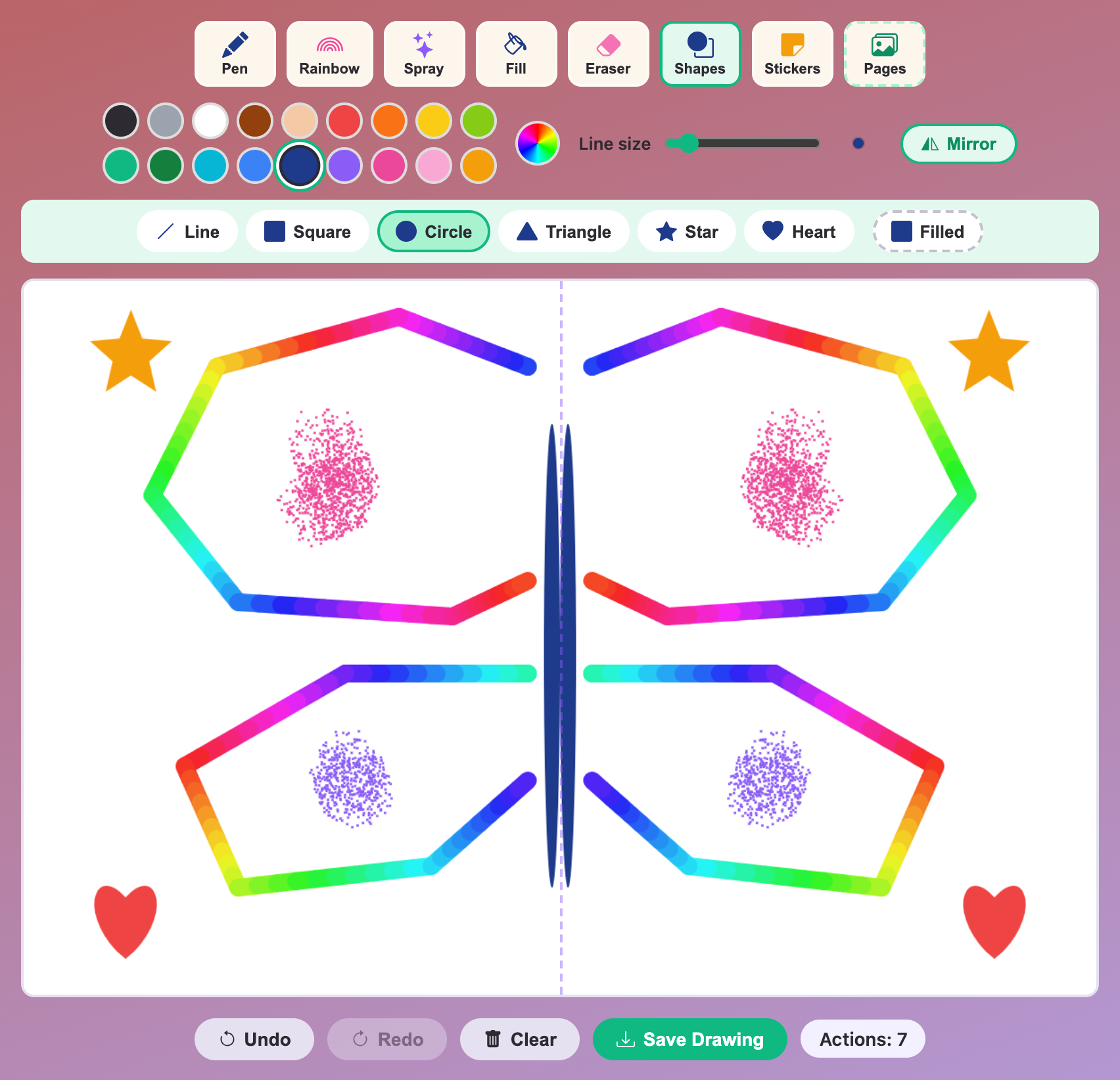 a rainbow butterfly drawn with Mirror on, with pink and purple spray dots, stars and hearts on both sides