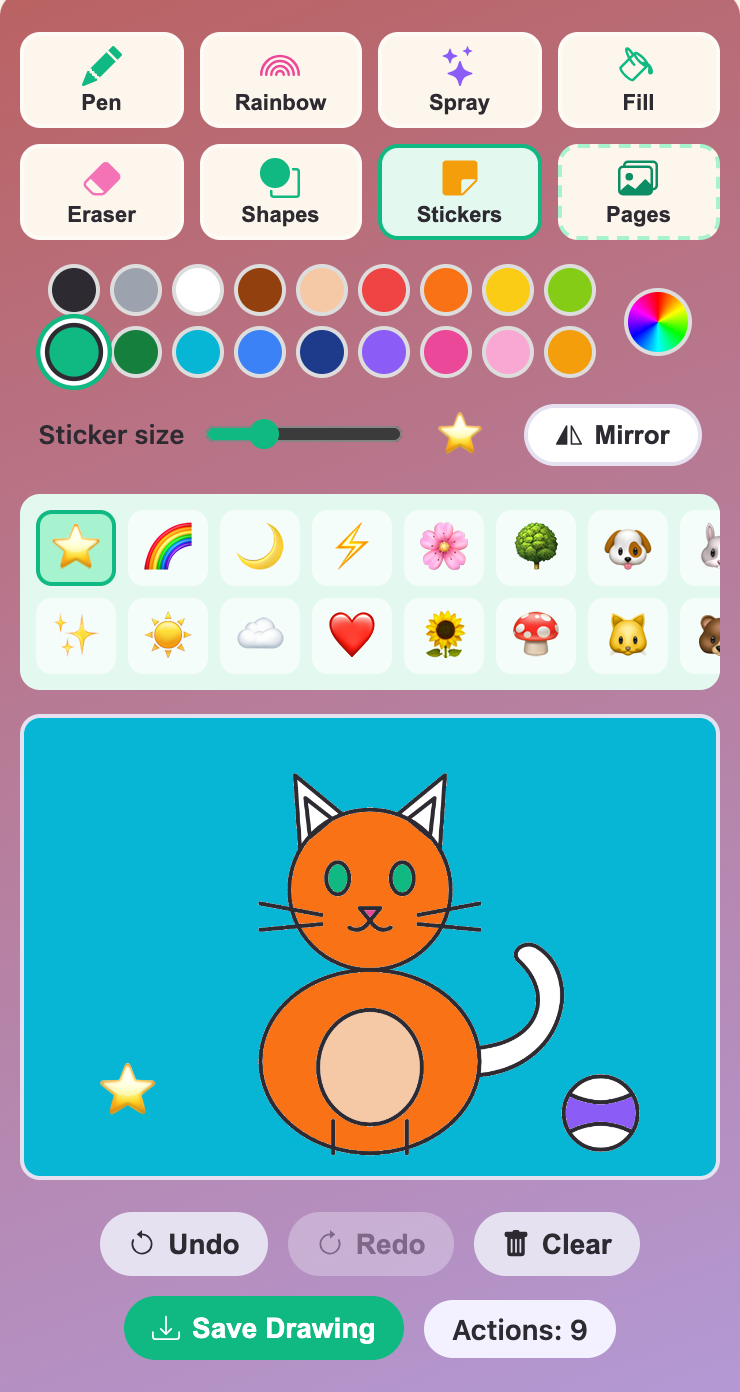 Color and Draw for kids on a phone, with an orange cat coloring page and the sticker panel open