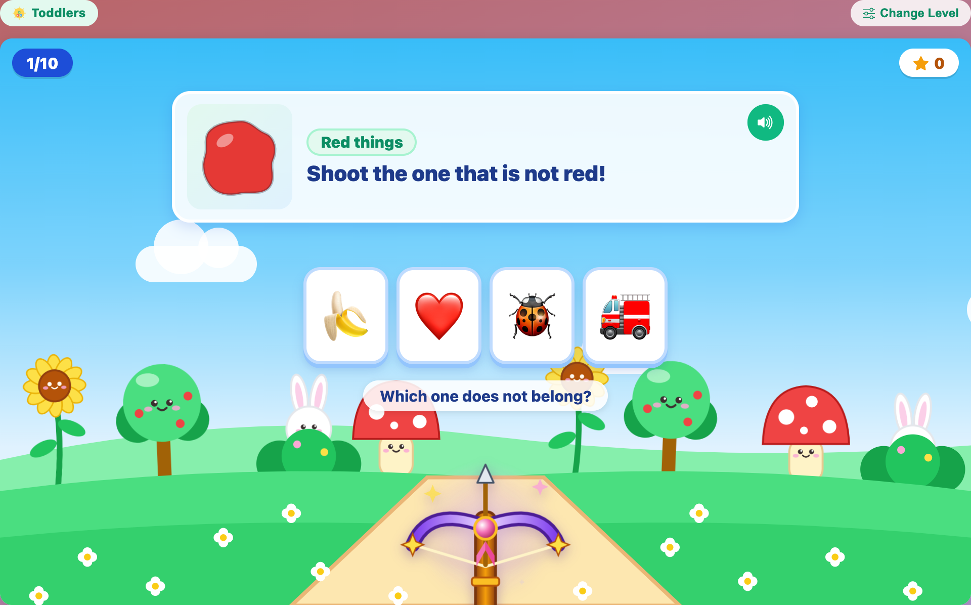 a Red things round for toddlers with a banana, a red heart, a ladybug and a fire truck above the magic crossbow