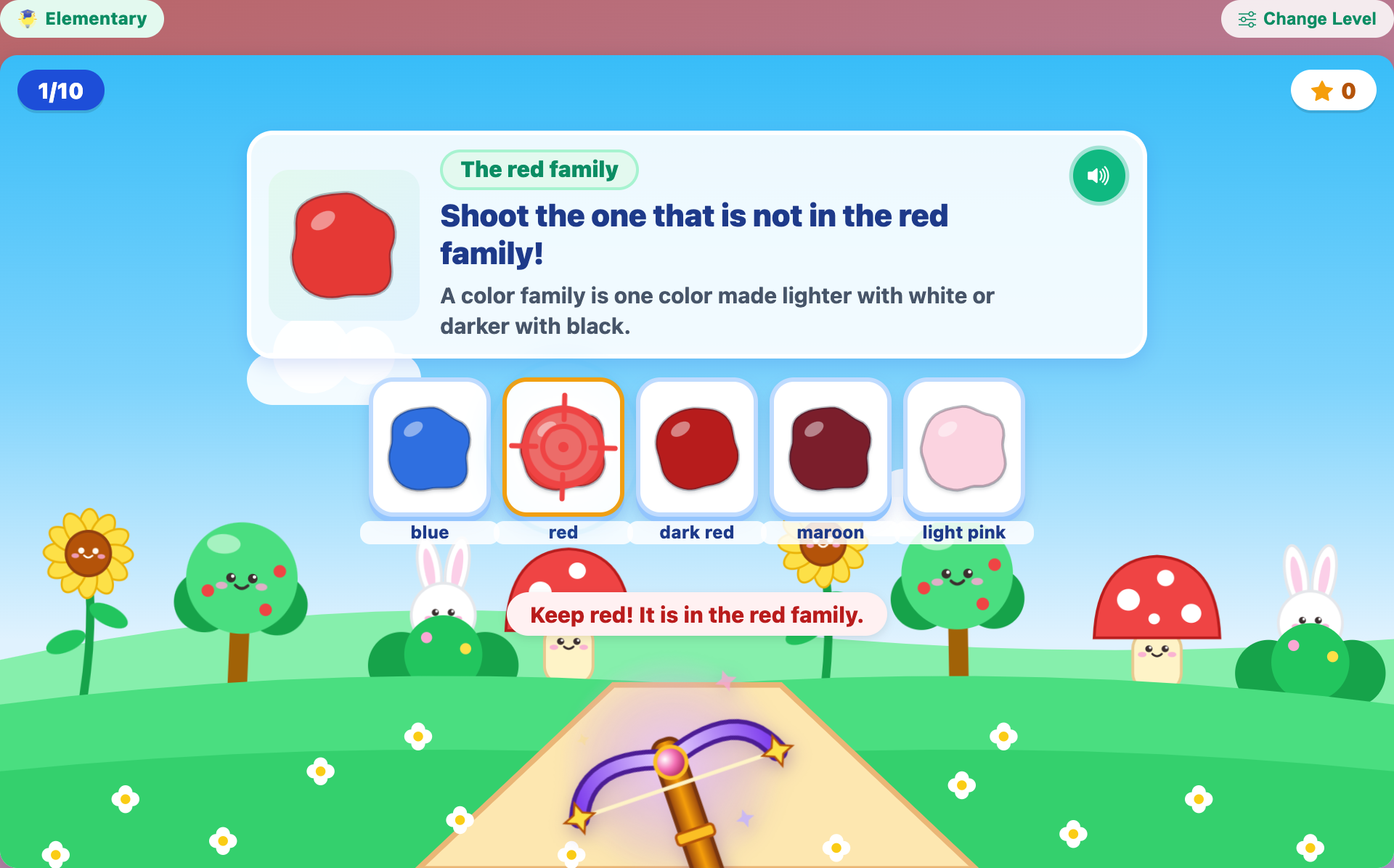 an arrow bouncing off the red tile in The red family round, with the message Keep red! It is in the red family
