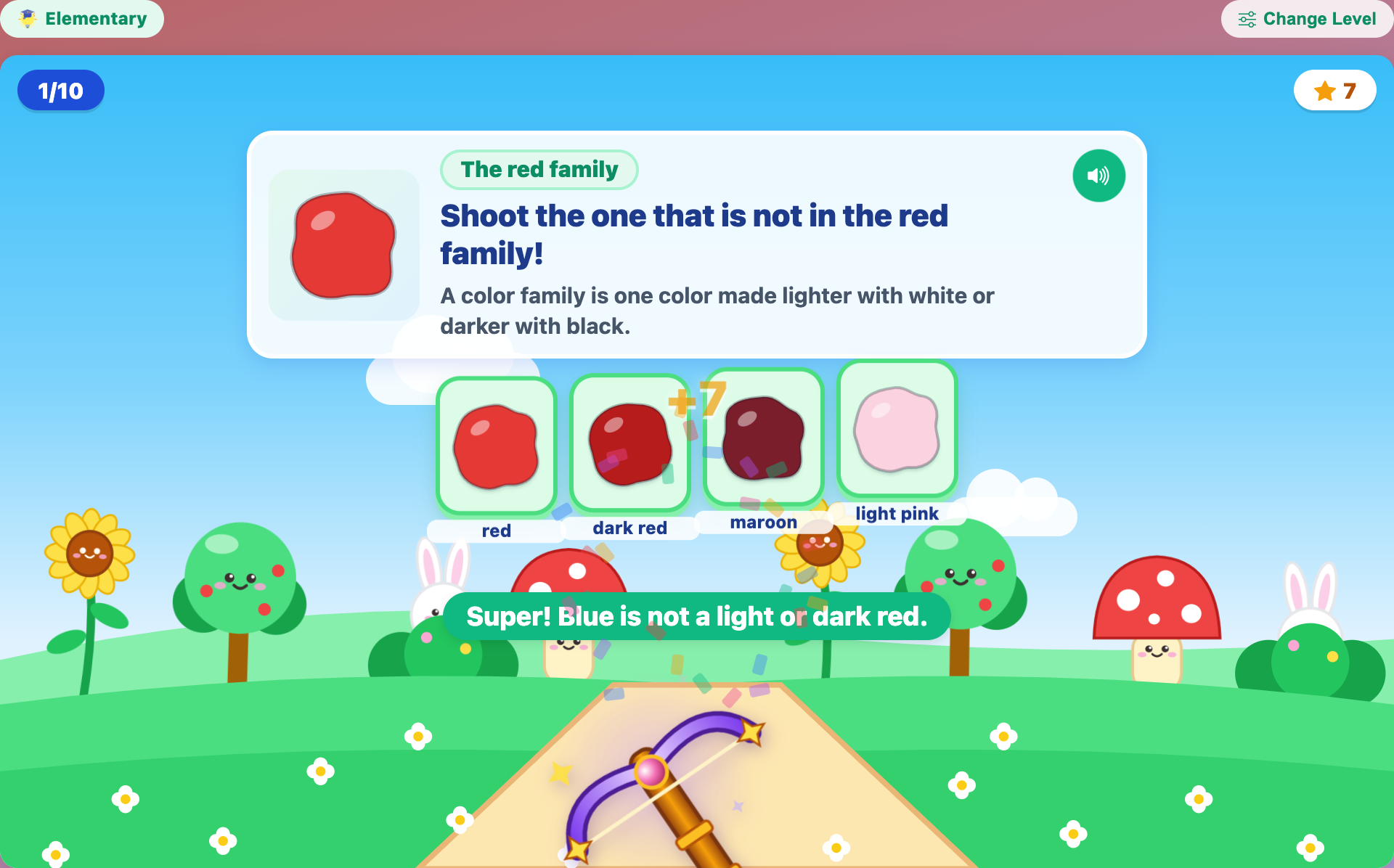 the red family round solved after the blue blob burst, with confetti and the message Blue is not a light or dark red