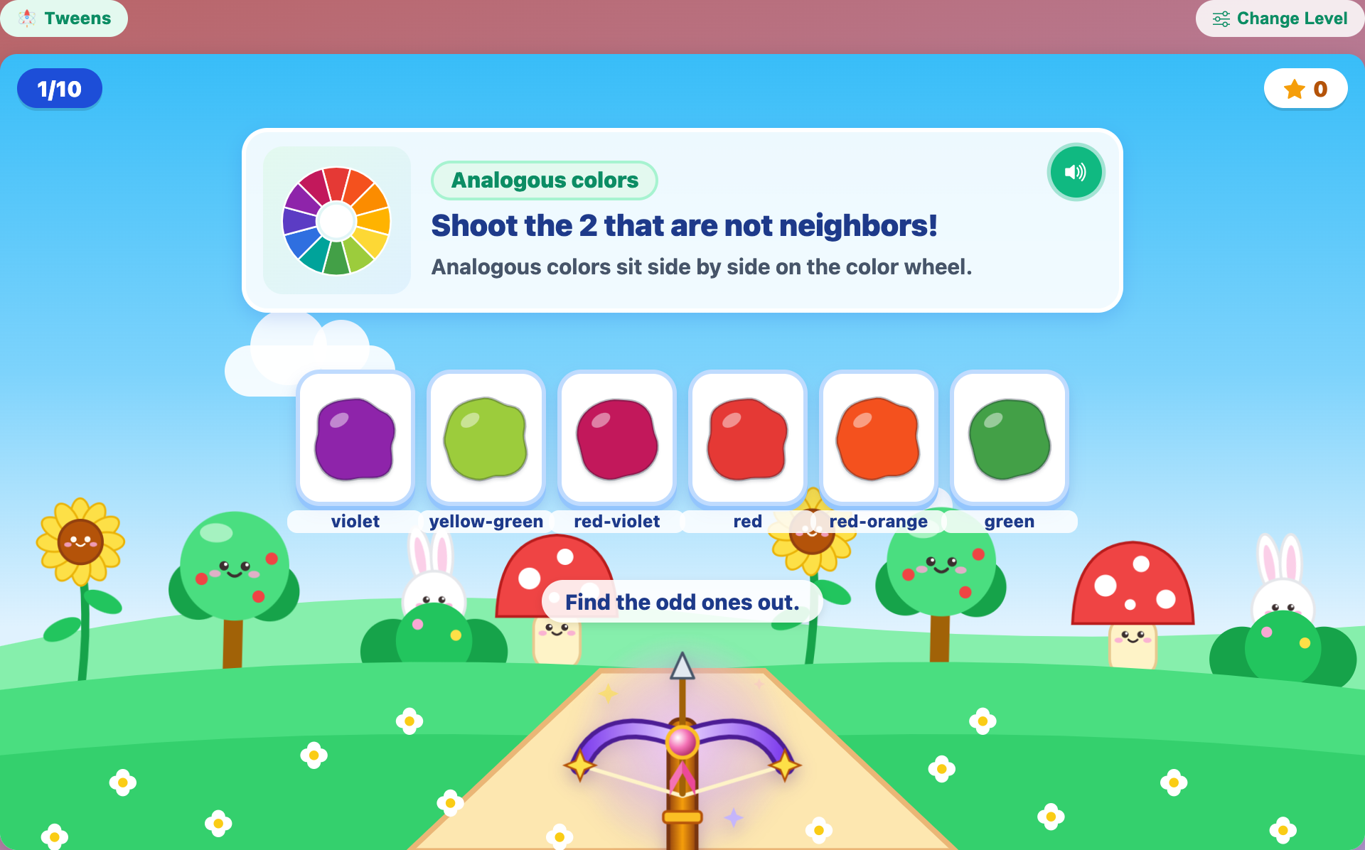 an Analogous colors round in Magic Crossbow: Odd Color Out for tweens, with six paint blobs and a color wheel on the card