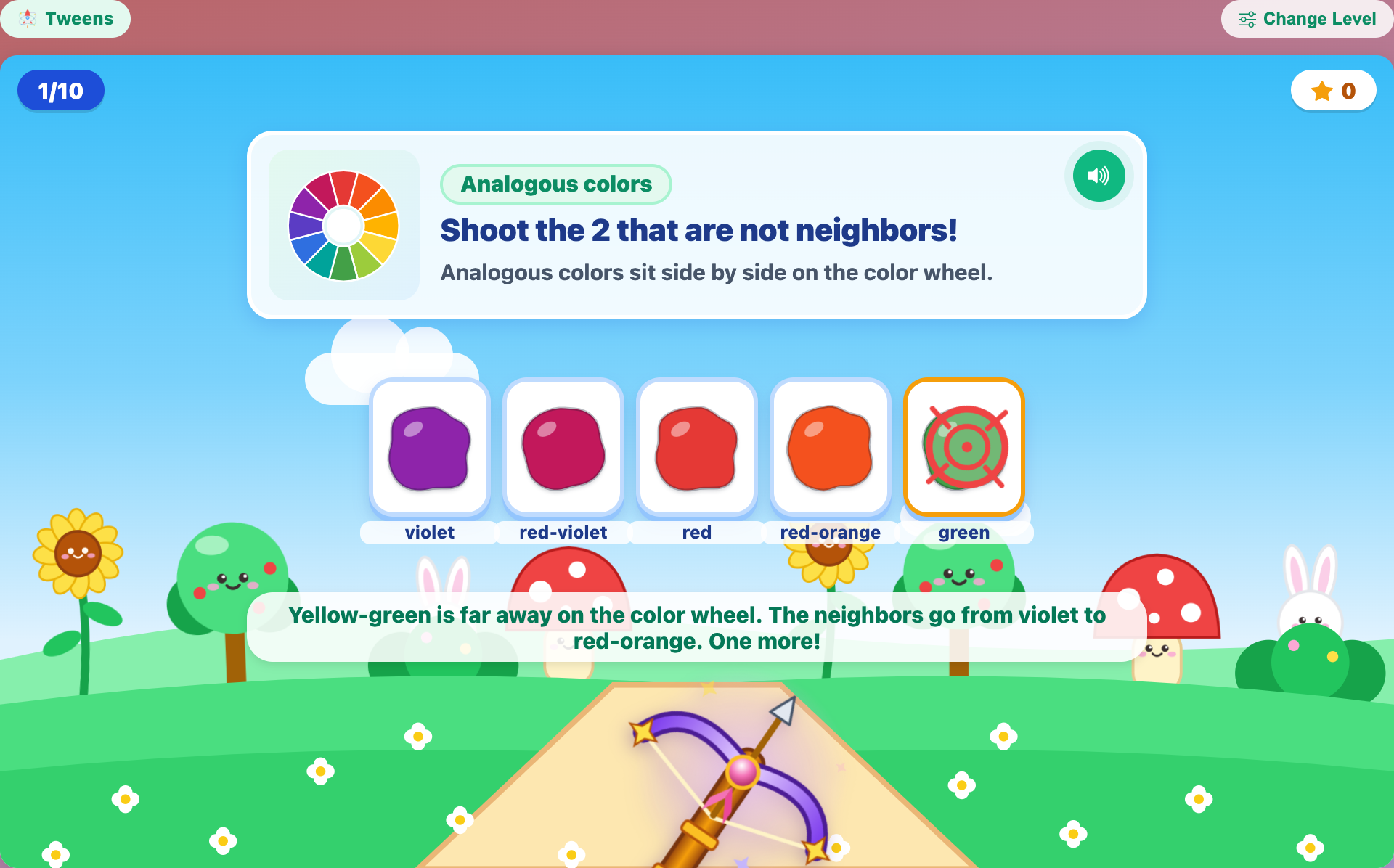the crossbow aiming at green after yellow-green burst, with a message saying the neighbors go from violet to red-orange