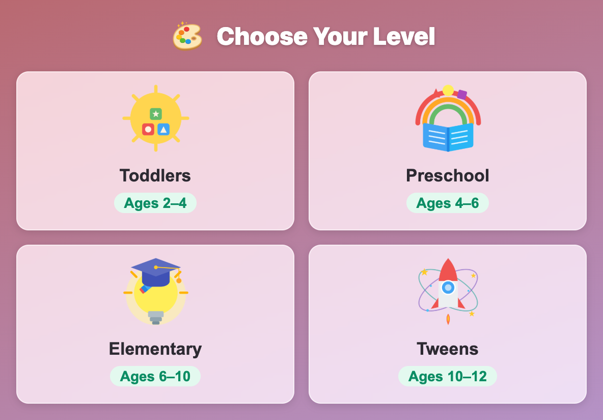 the Choose Your Level screen in Magic Crossbow: Line Hunt, with Toddlers, Preschool, Elementary and Tweens cards