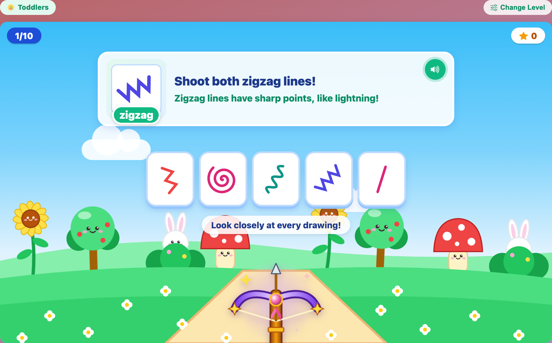 a toddler zigzag hunt with an example zigzag and its rule on the card, above five colorful line drawings