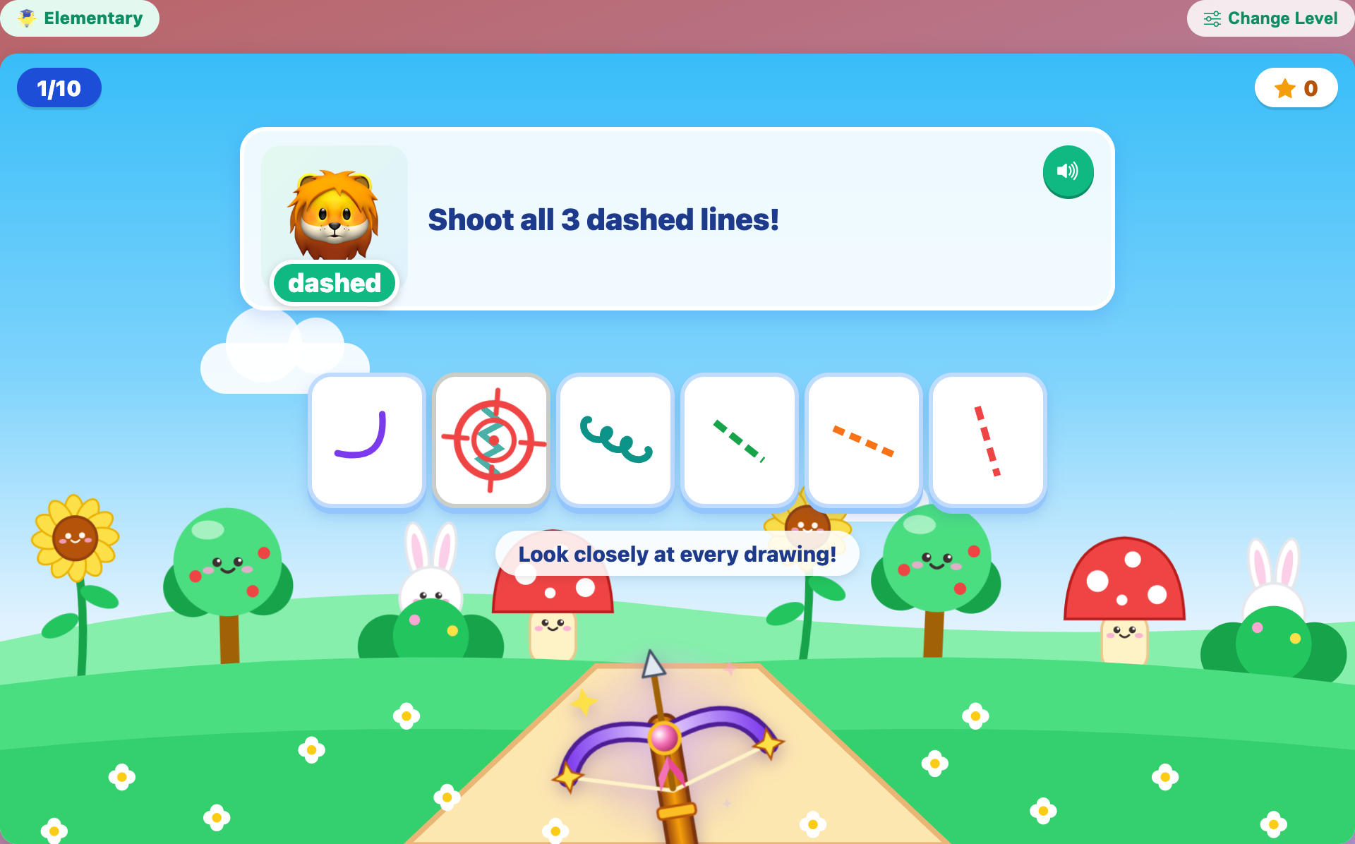 an Elementary round in Magic Crossbow: Line Hunt for kids asking to shoot all 3 dashed lines, with a lion on the card