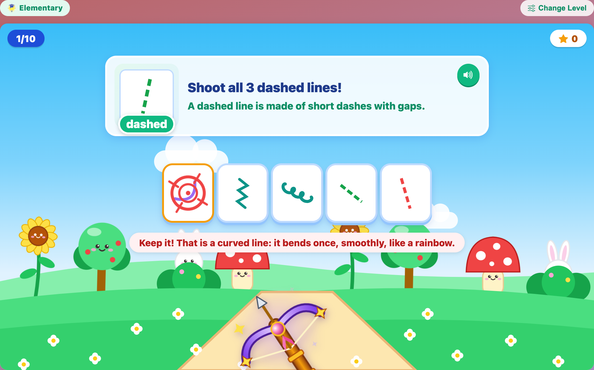 an arrow bouncing off a curved line in the dashed-line hunt, as the rule and an example dashed line appear on the card