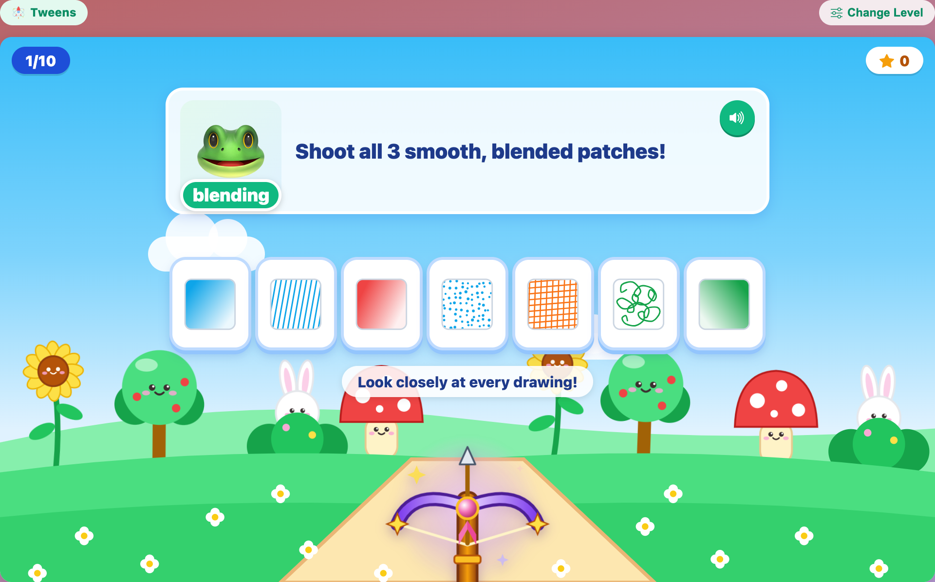 a blending hunt in Magic Crossbow: Line Hunt for tweens, with seven texture patches including hatching, stippling and cross-hatching