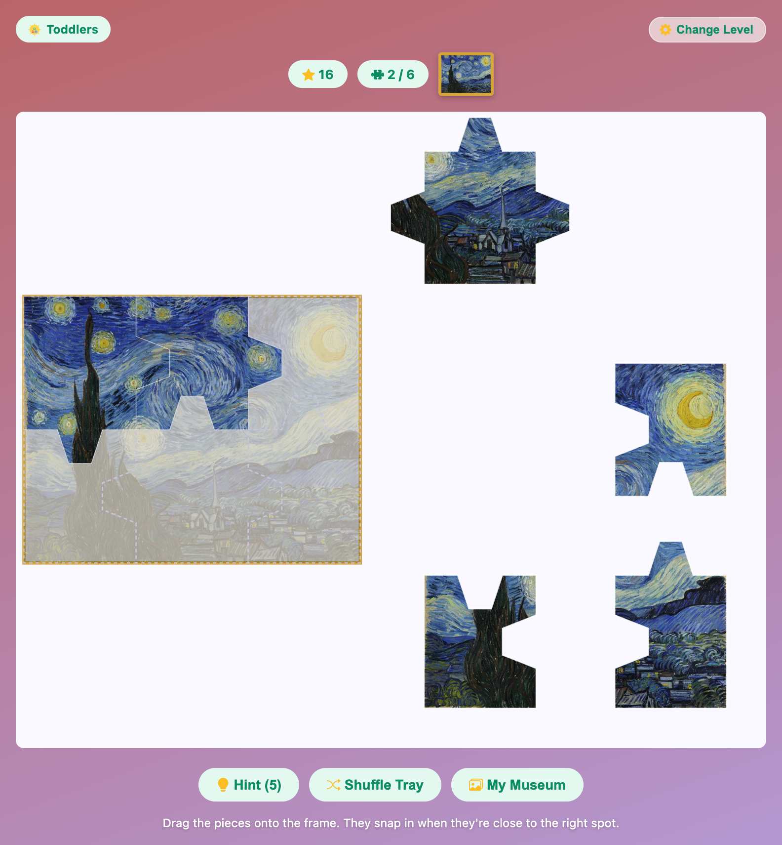 a 6-piece Starry Night puzzle at the Toddlers level, with two pieces placed over a faint ghost picture