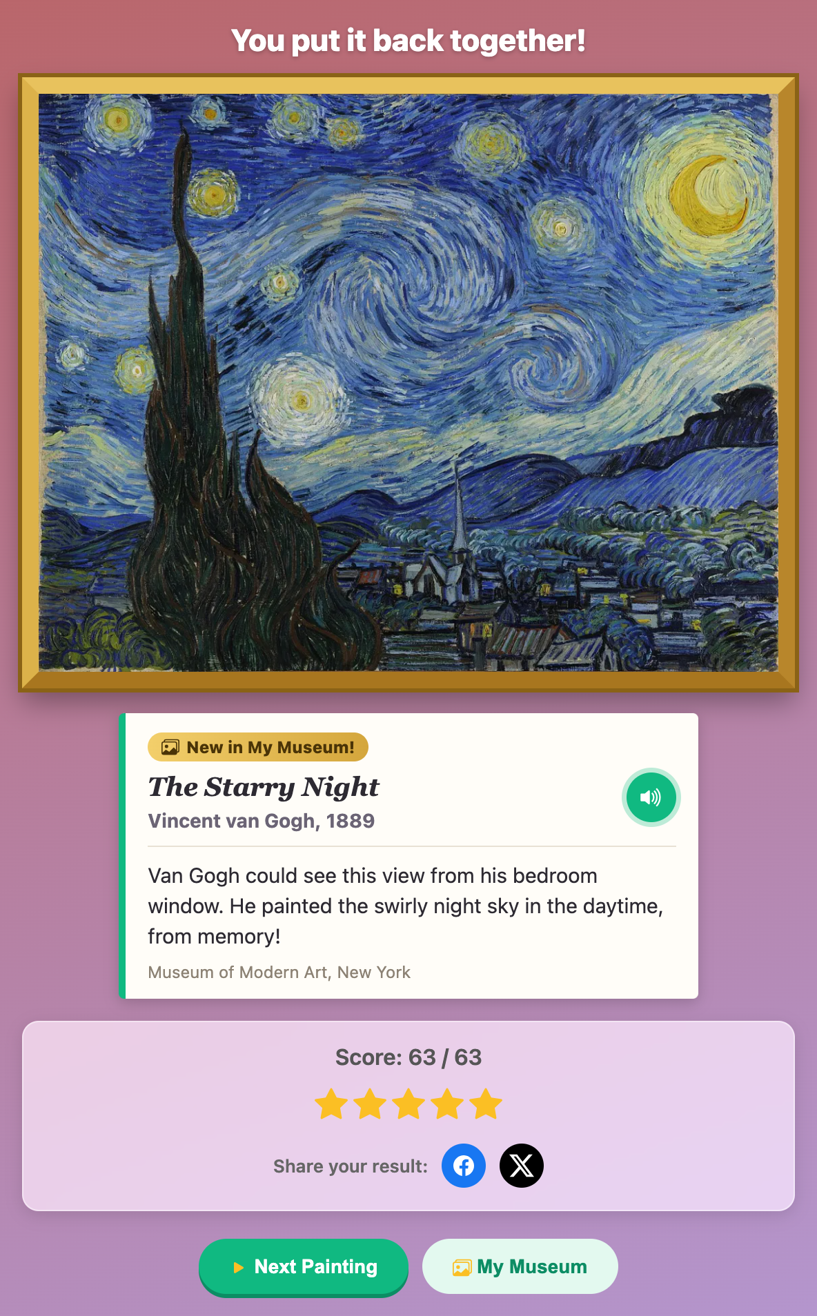 the finished Starry Night in a gold frame with its museum label, a score of 63 out of 63 and five stars