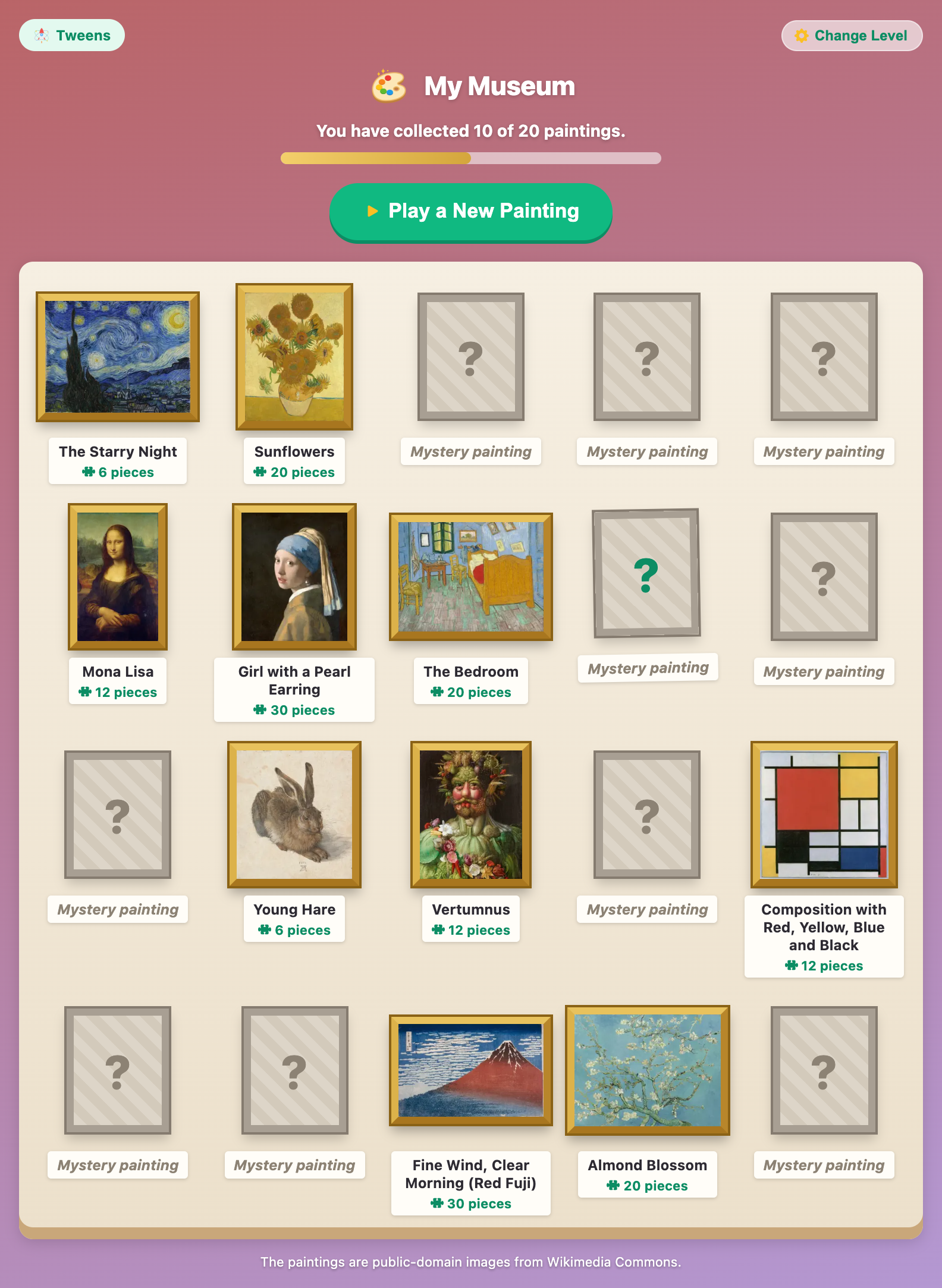 the My Museum wall in Masterpiece Jigsaw with ten framed paintings and ten mystery frames still to fill