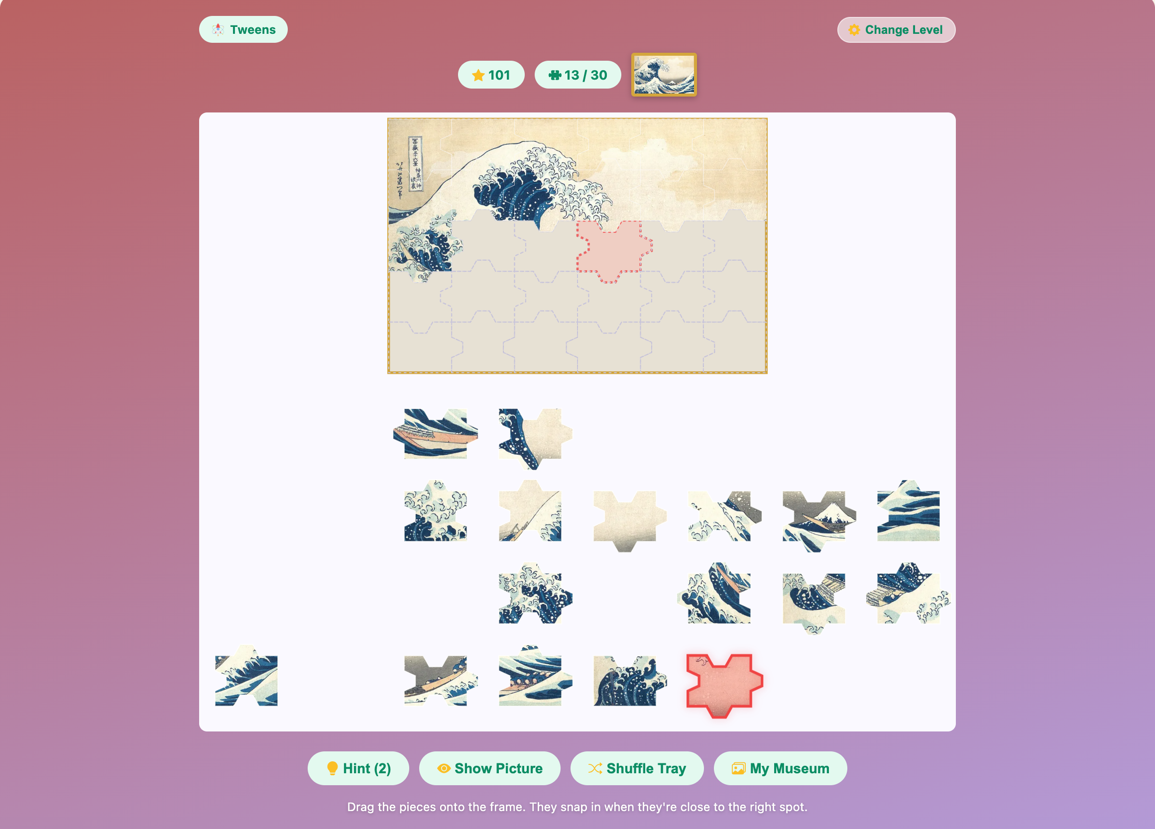 The Great Wave off Kanagawa as a 30-piece Masterpiece Jigsaw for tweens, with a hint glowing on one piece and its spot