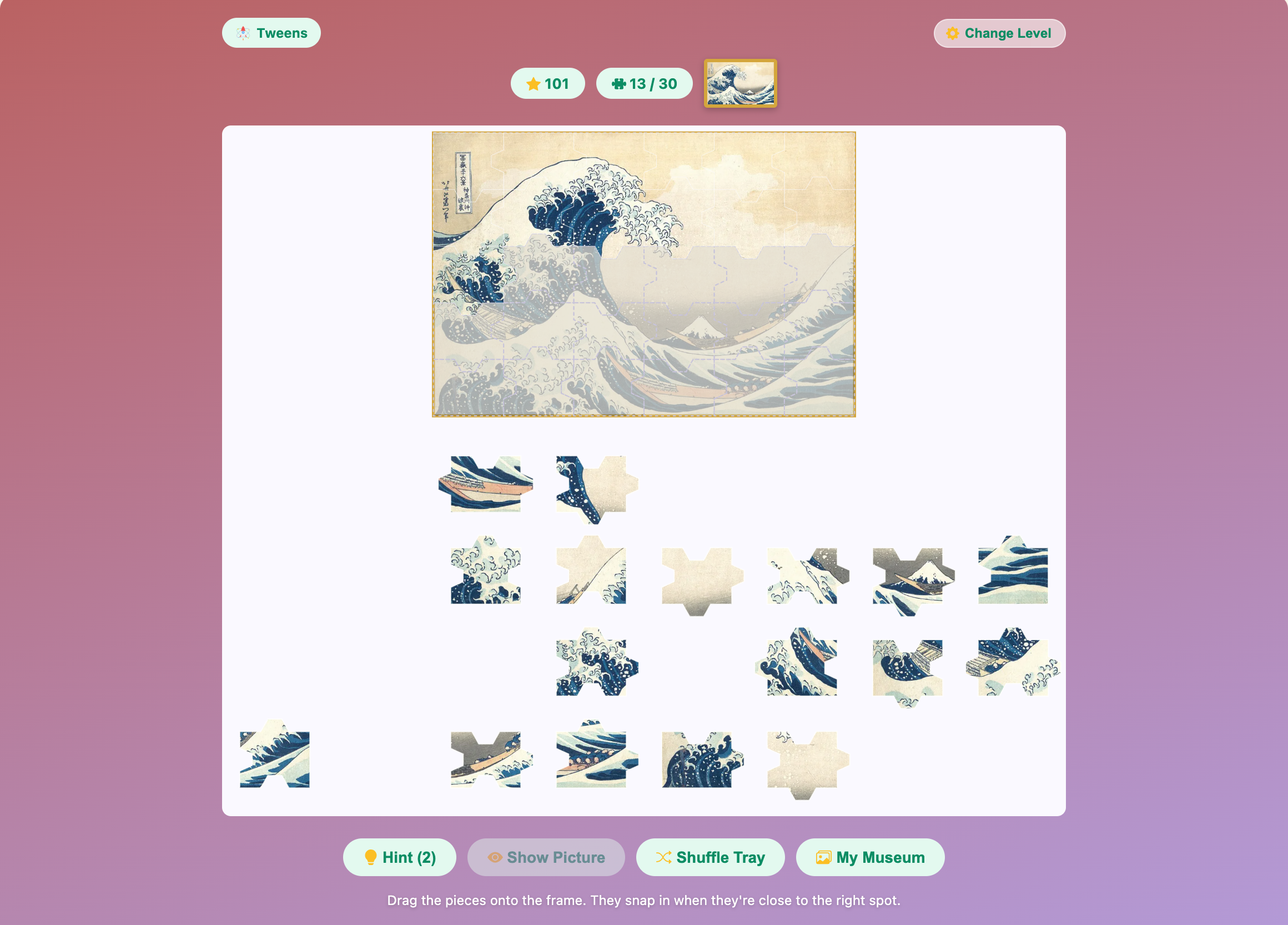 the Show Picture button fading a faint copy of The Great Wave under a half-built 30-piece puzzle