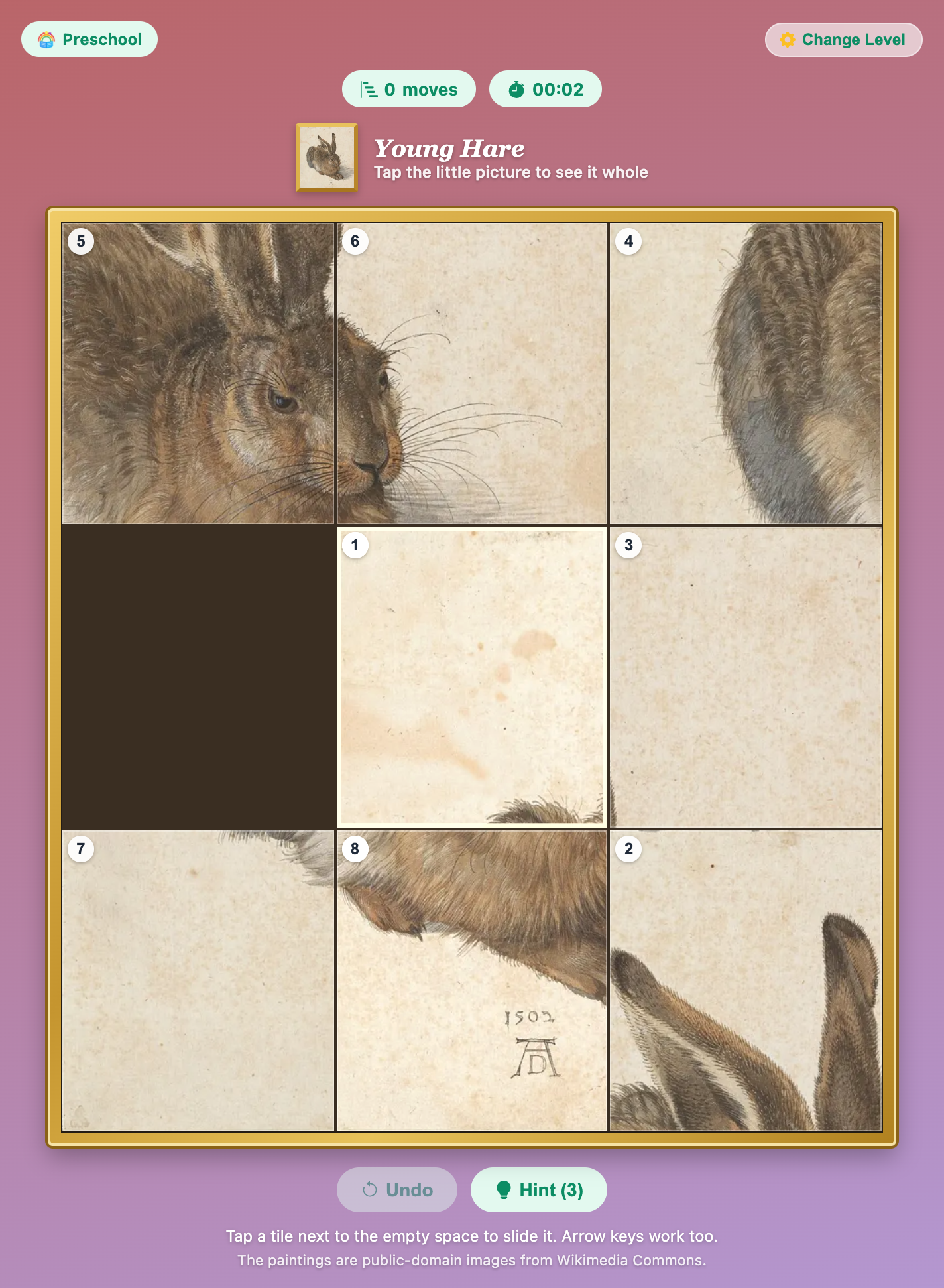 a scrambled Young Hare by Albrecht Dürer at the Preschool level, with number badges and tile 1 glowing as a hint