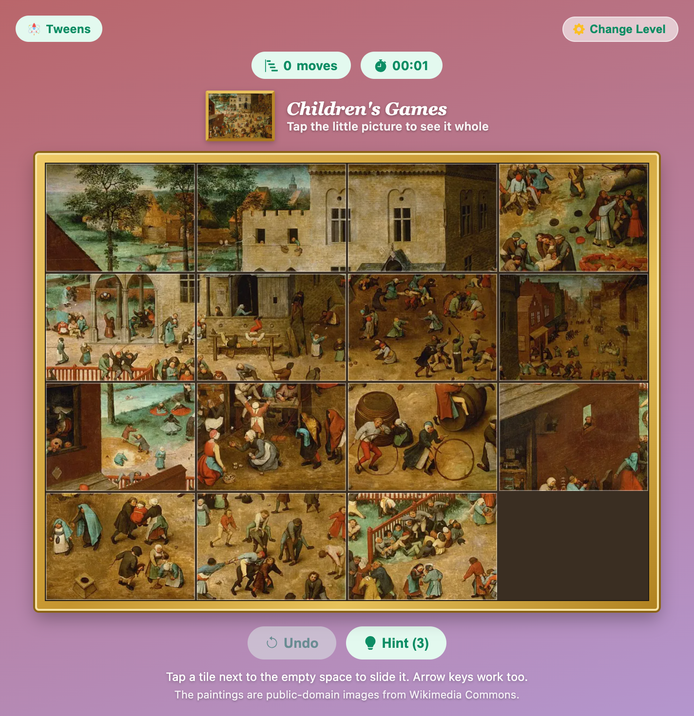Children’s Games by Pieter Bruegel cut into 15 mixed-up tiles in Masterpiece Slider for tweens