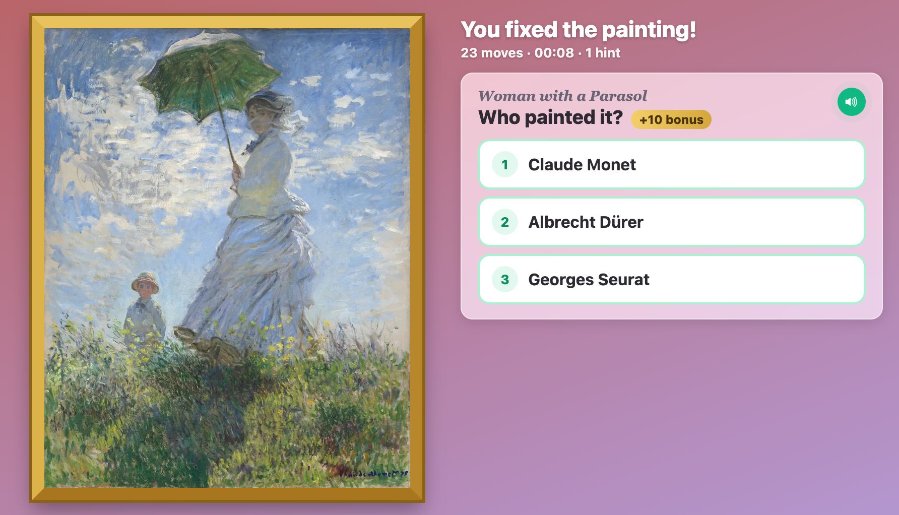 the fixed Woman with a Parasol in a gold frame, with a Who painted it? question and three artist choices