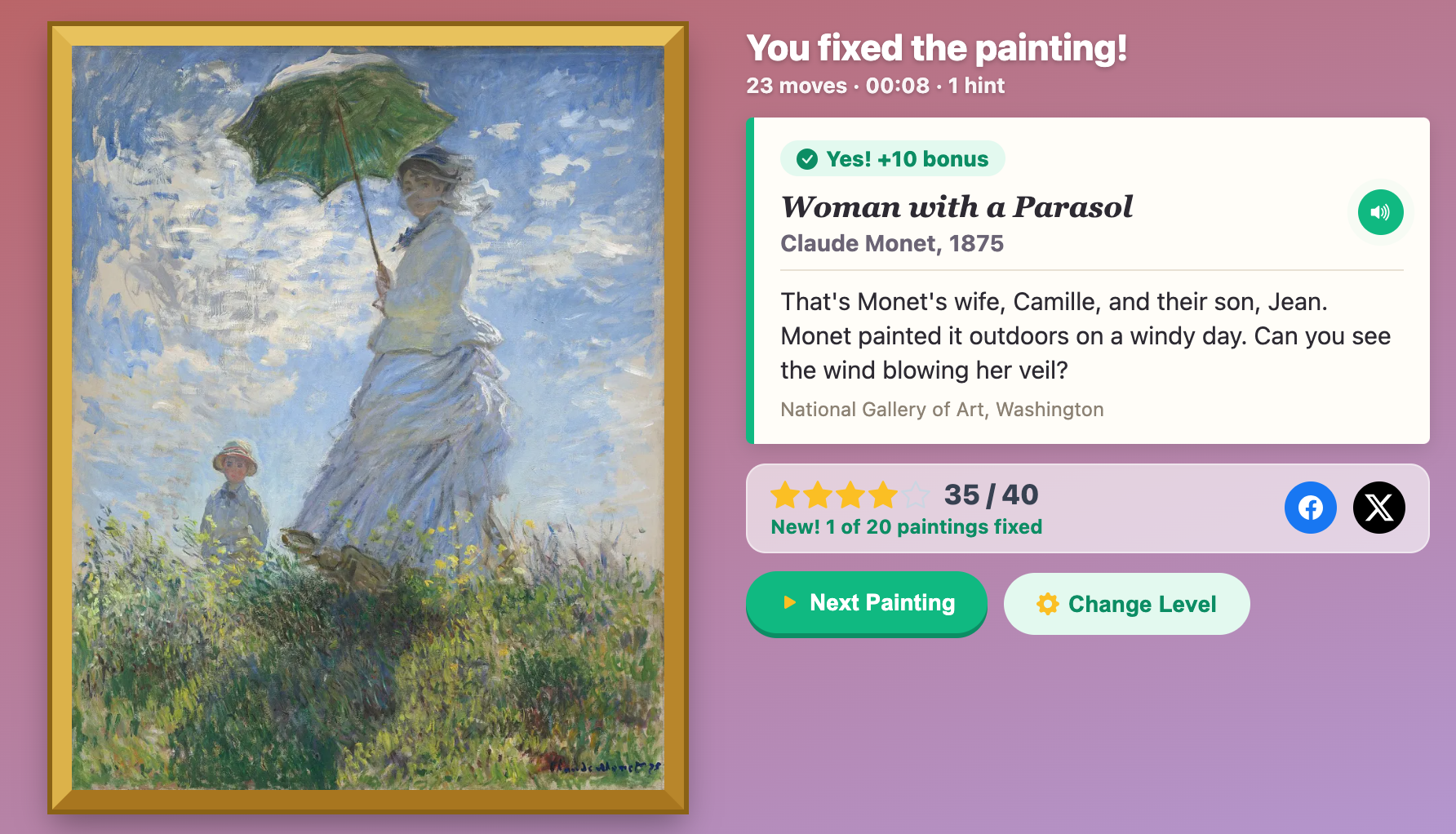 the museum label for Woman with a Parasol by Claude Monet, with a 35 out of 40 score and four stars