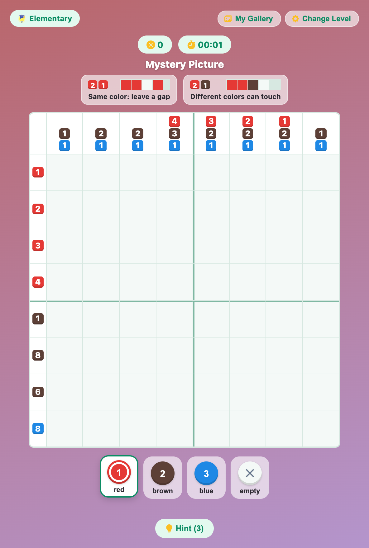 an empty 8x8 Mystery Picture at the Elementary level, with red, brown and blue number clues