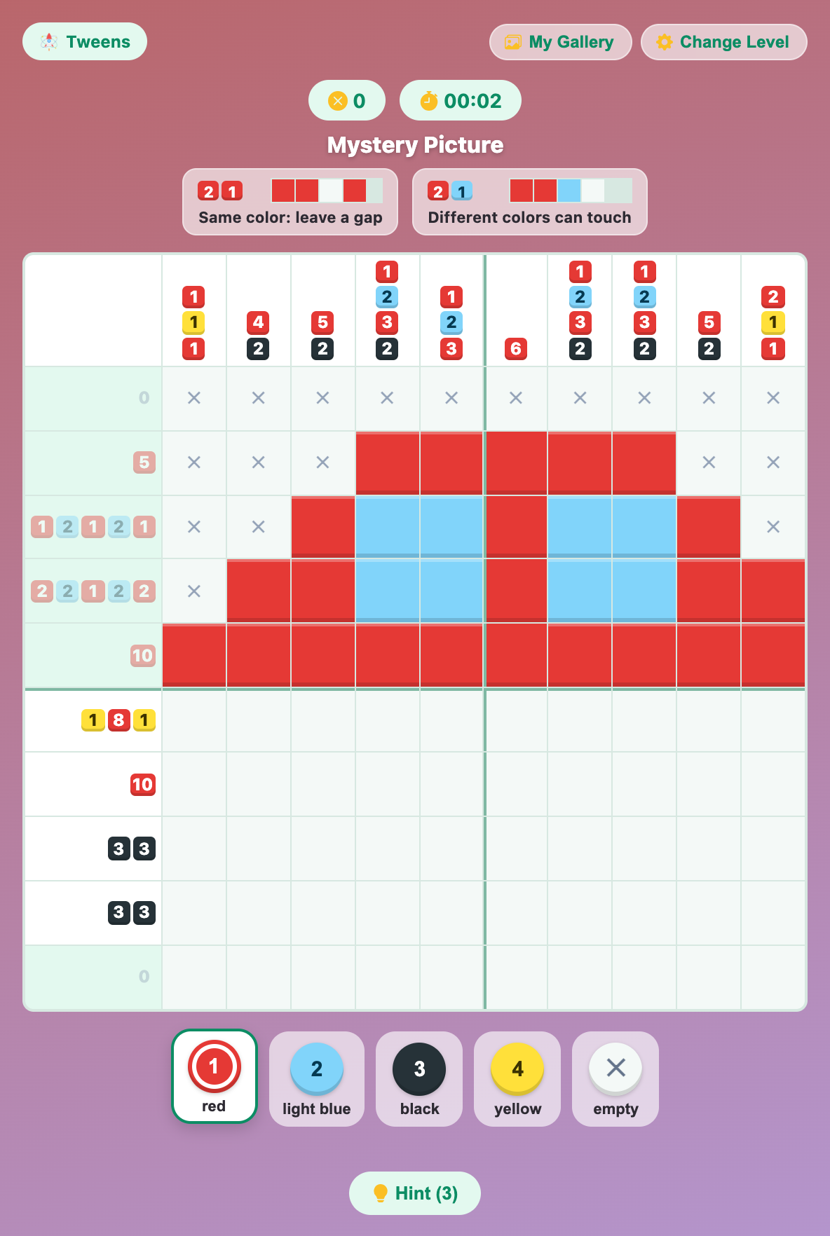 a 10x10 puzzle in Pixel Art Nonograms for tweens, with the top half painted red and light blue and X marks