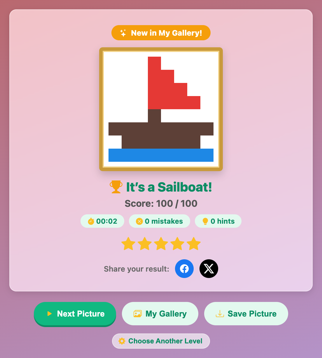 a finished pixel Sailboat in a gold frame with a New in My Gallery ribbon, a 100 out of 100 score and five stars