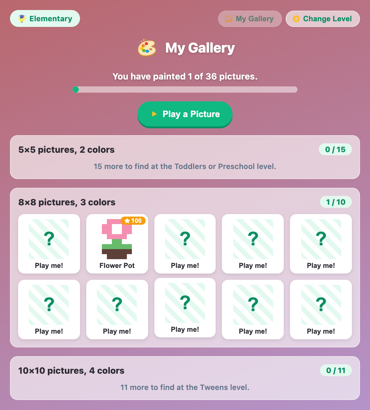 the My Gallery screen with a finished Flower Pot picture and mystery tiles waiting to be played
