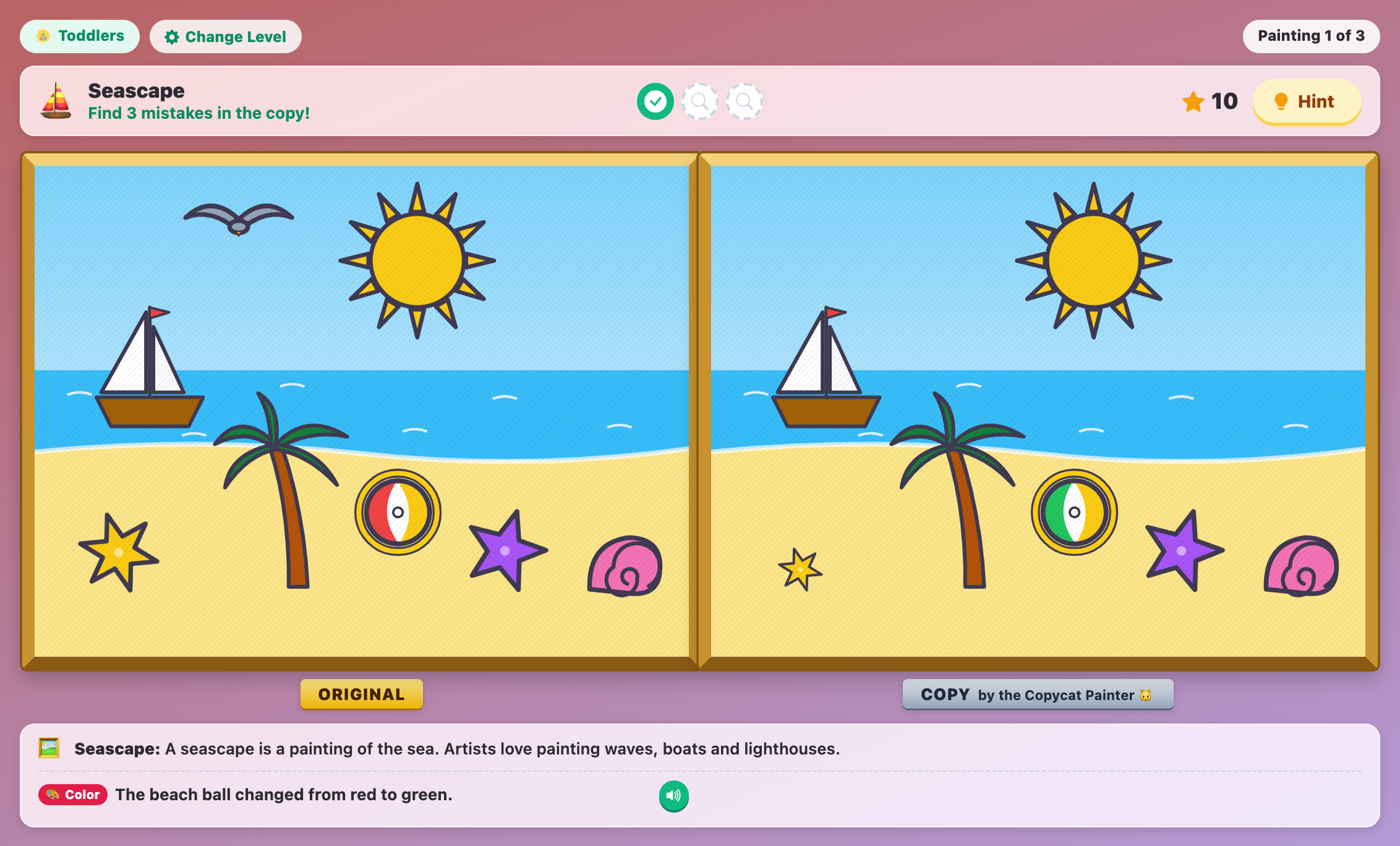 a seascape original and copy in Art Spot the Difference for toddlers, with the green beach ball found