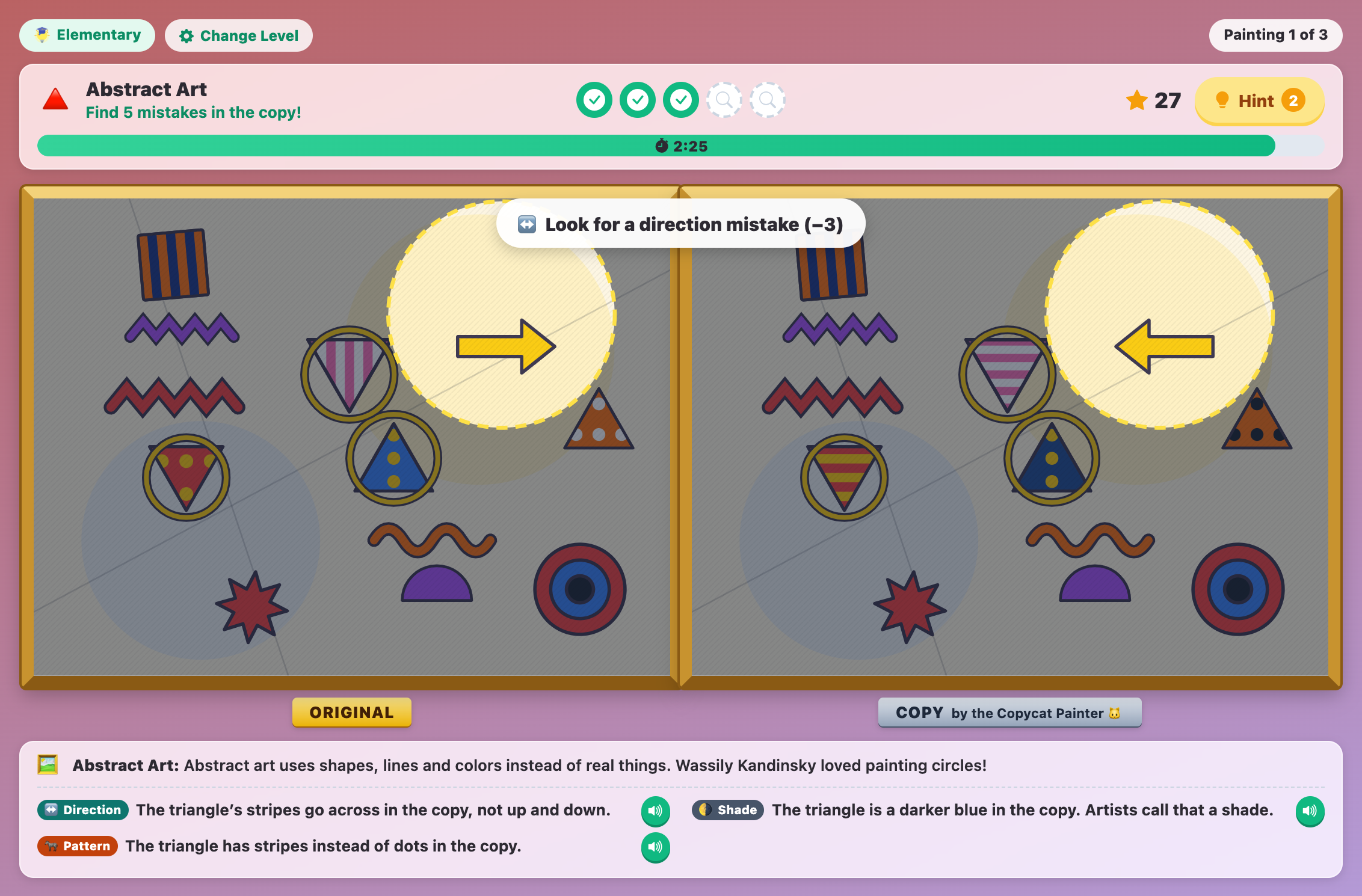 a hint spotlight around the yellow arrow, with a Look for a direction mistake message