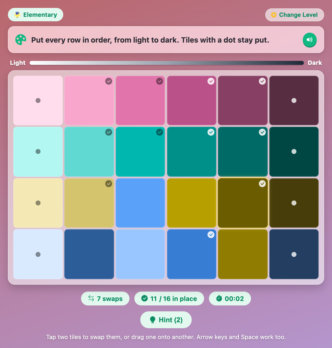 an Elementary board in Rainbow Hue Sort halfway sorted, with check marks on 11 tiles and a hint glowing on a dark olive tile