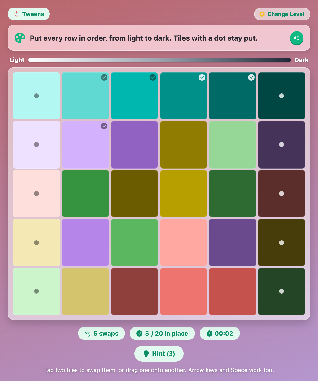 a board in Rainbow Hue Sort for tweens with five rows of teal, purple, red, yellow and green tiles still mixed up