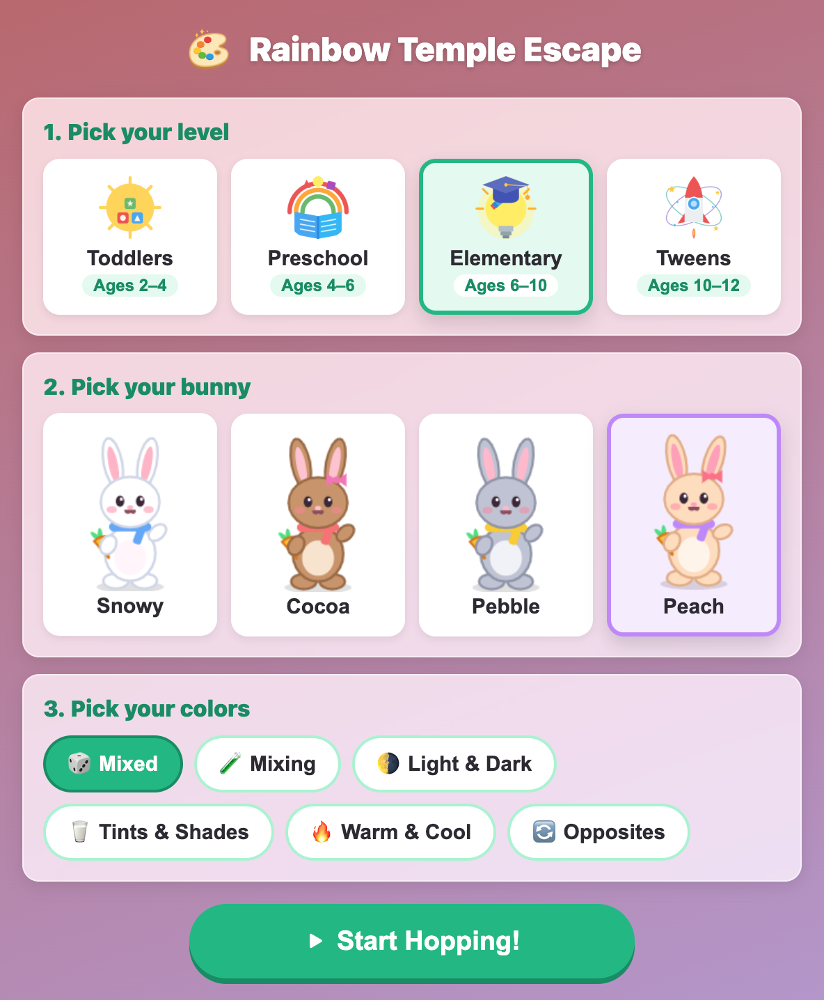 the setup screen of Rainbow Temple Escape for kids, with level cards, four bunnies and color topics like Mixing and Opposites