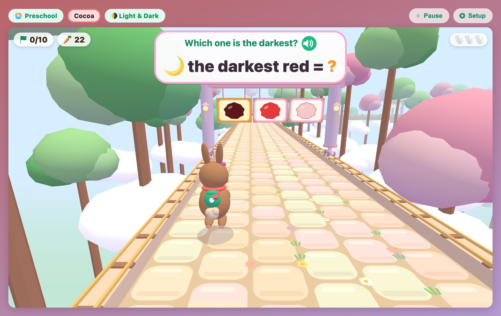 Cocoa the bunny hopping toward three red paint splats in Rainbow Temple Escape for preschoolers, looking for the darkest red