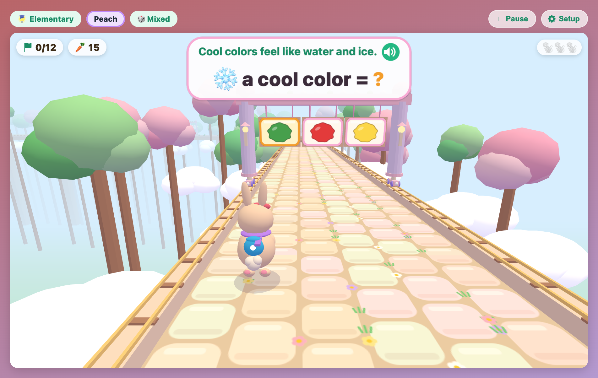 a gate with green, red and yellow paint splats in Rainbow Temple Escape, asking which one is a cool color