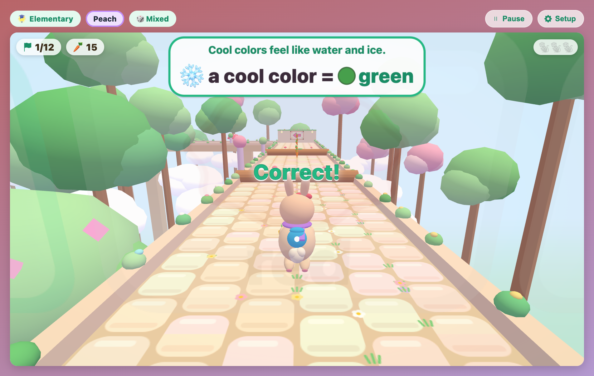 the question plate turning green after a right answer in Rainbow Temple Escape, showing that a cool color is green