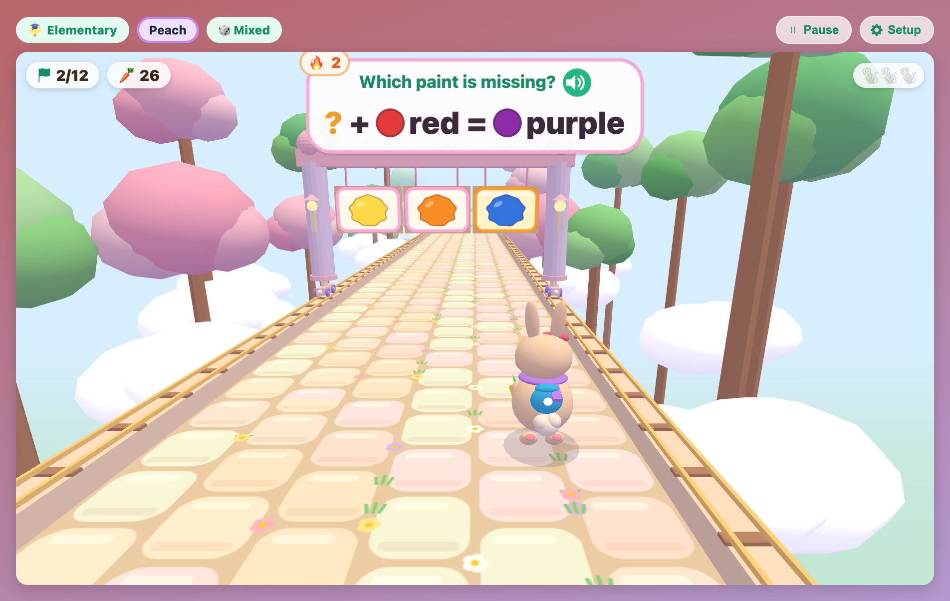 a Which paint is missing gate in Rainbow Temple Escape, with a question mark plus red making purple and yellow, orange and blue splats