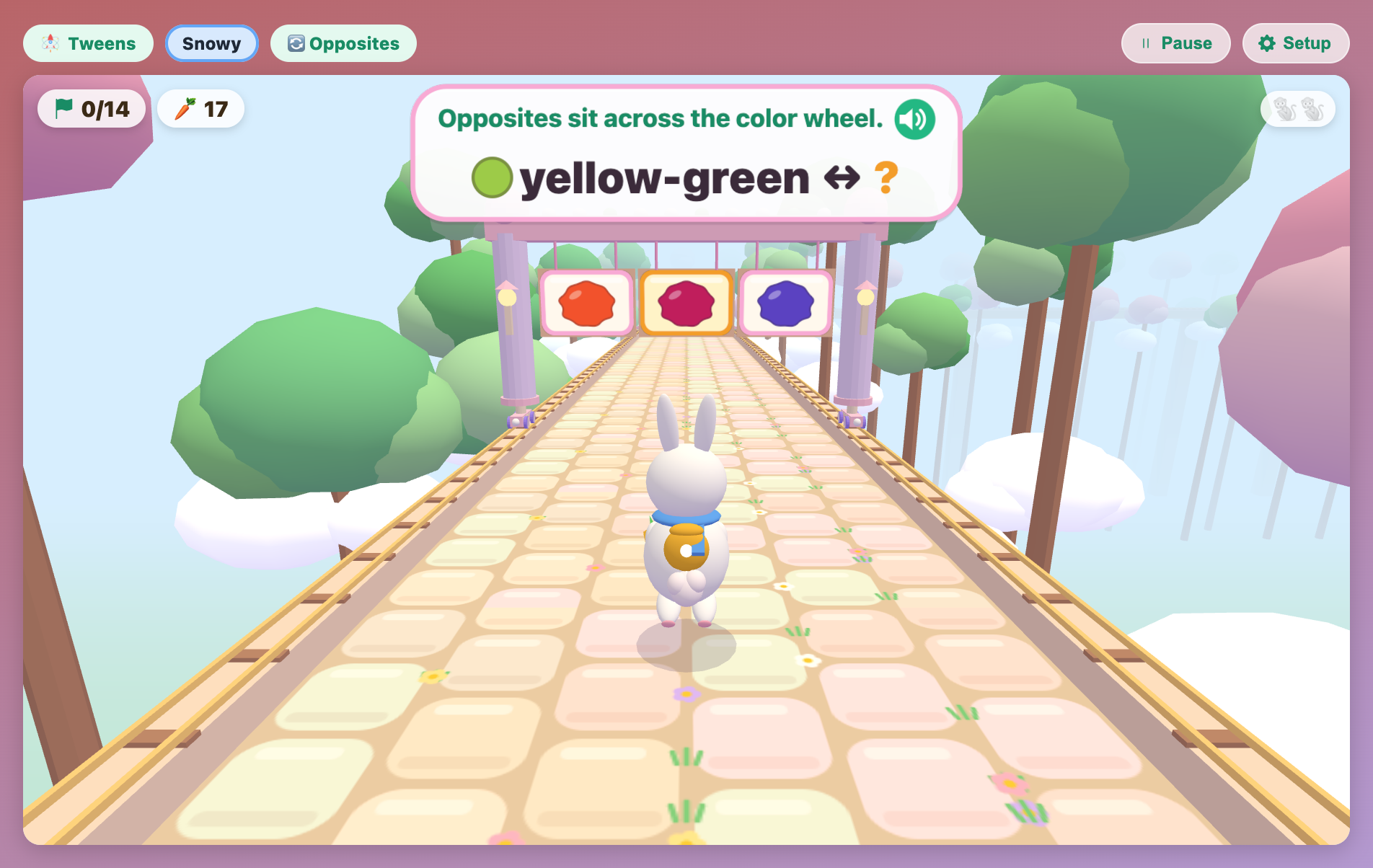 a color wheel opposites gate in Rainbow Temple Escape for tweens, asking for the opposite of yellow-green