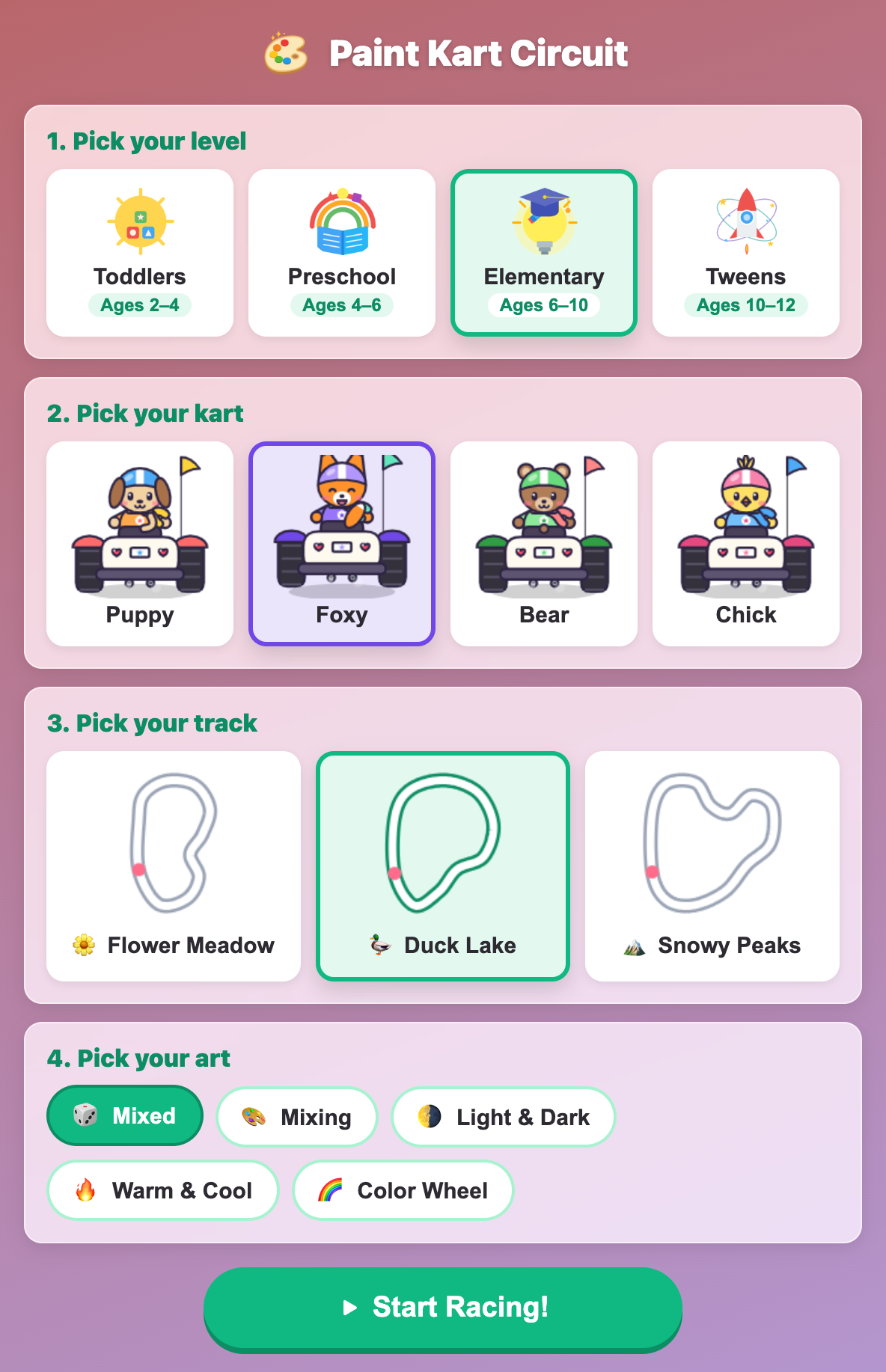 the setup screen of Paint Kart Circuit for kids, with level cards, four karts, three tracks and art topics