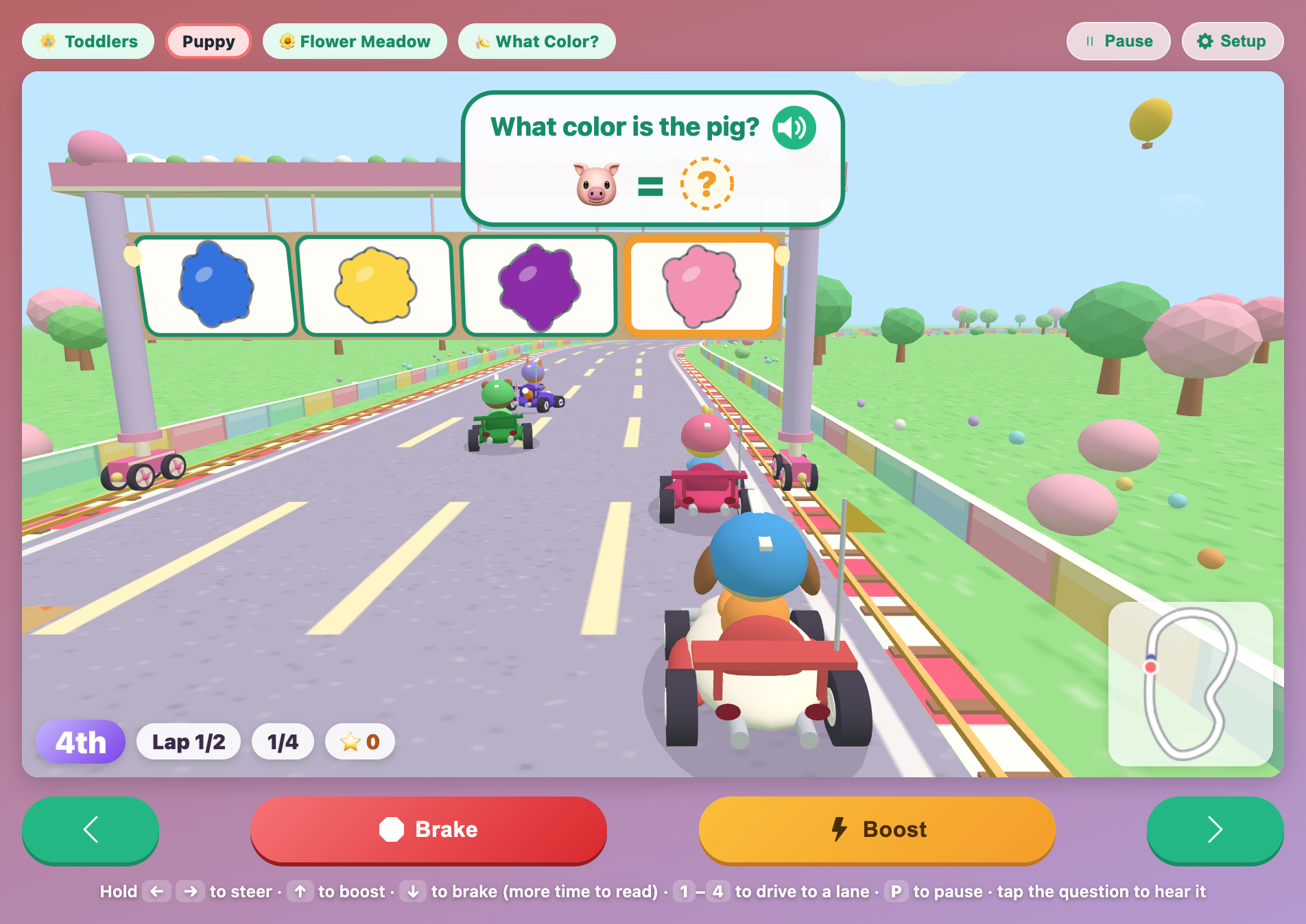 the Puppy kart on Flower Meadow in Paint Kart Circuit for toddlers, with a pig picture and four paint splats on the gate
