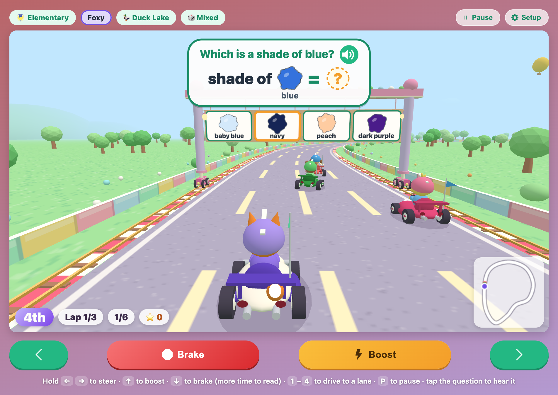 a gate in Paint Kart Circuit asking which is a shade of blue, with baby blue, navy, peach and dark purple signs