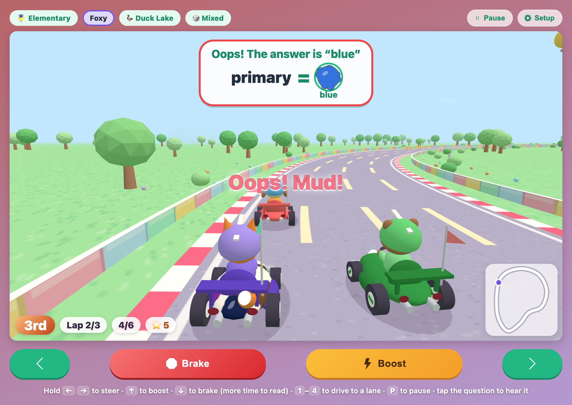 the plate saying Oops! The answer is blue in Paint Kart Circuit after a wrong answer at a primary color gate