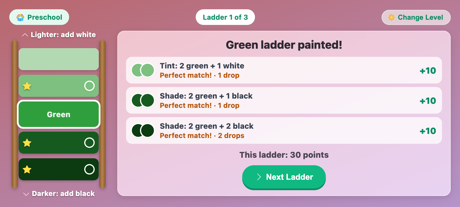 the Green ladder painted card, listing each rung recipe with a perfect match and 10 points for every rung