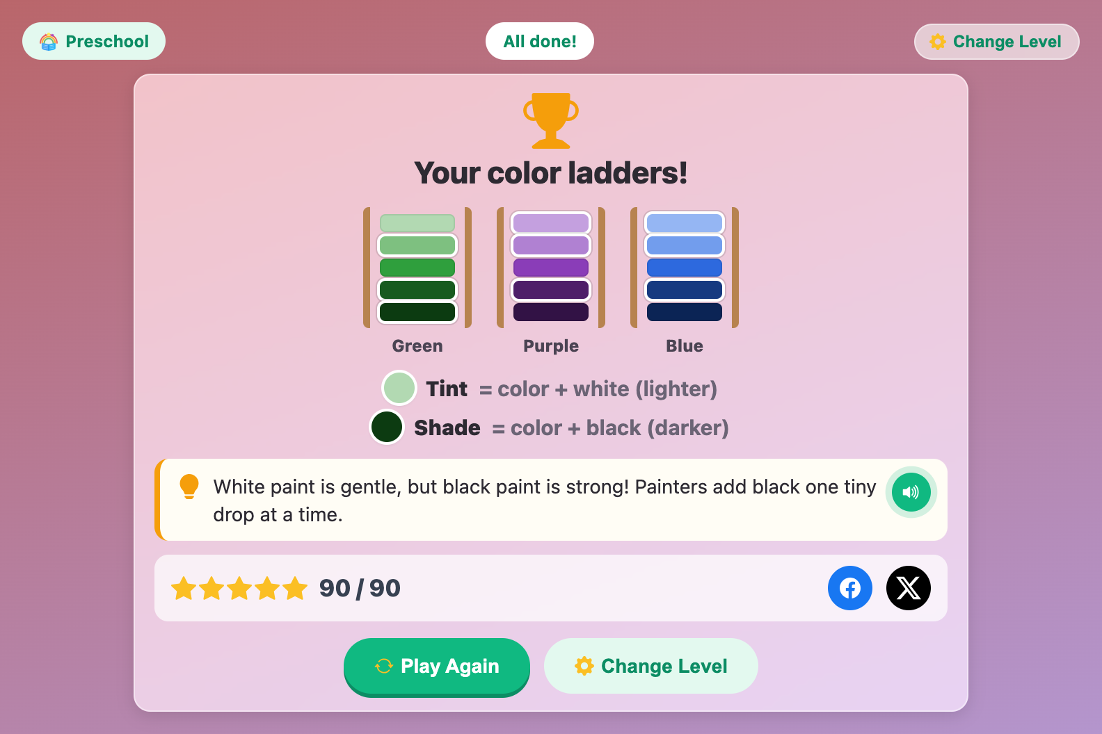 the finish card with green, purple and blue ladders, the tint and shade words, a paint fact and 90 out of 90