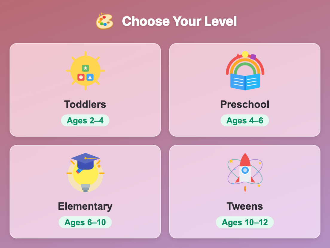 the Choose Your Level screen in Warm or Cool? for kids, with Toddlers, Preschool, Elementary and Tweens cards