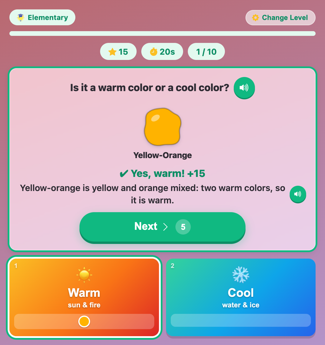 a yellow-orange paint swatch sorted into the Warm bin at the Elementary level, with the reason and a Next button