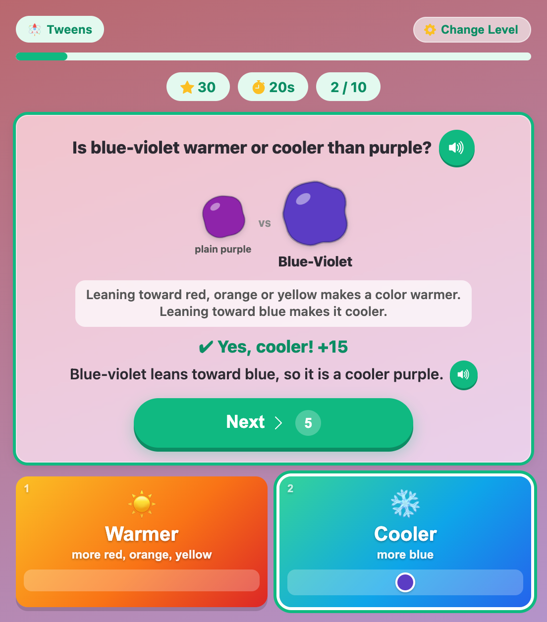 the answer to the blue-violet round, explaining that it leans toward blue, so it is a cooler purple