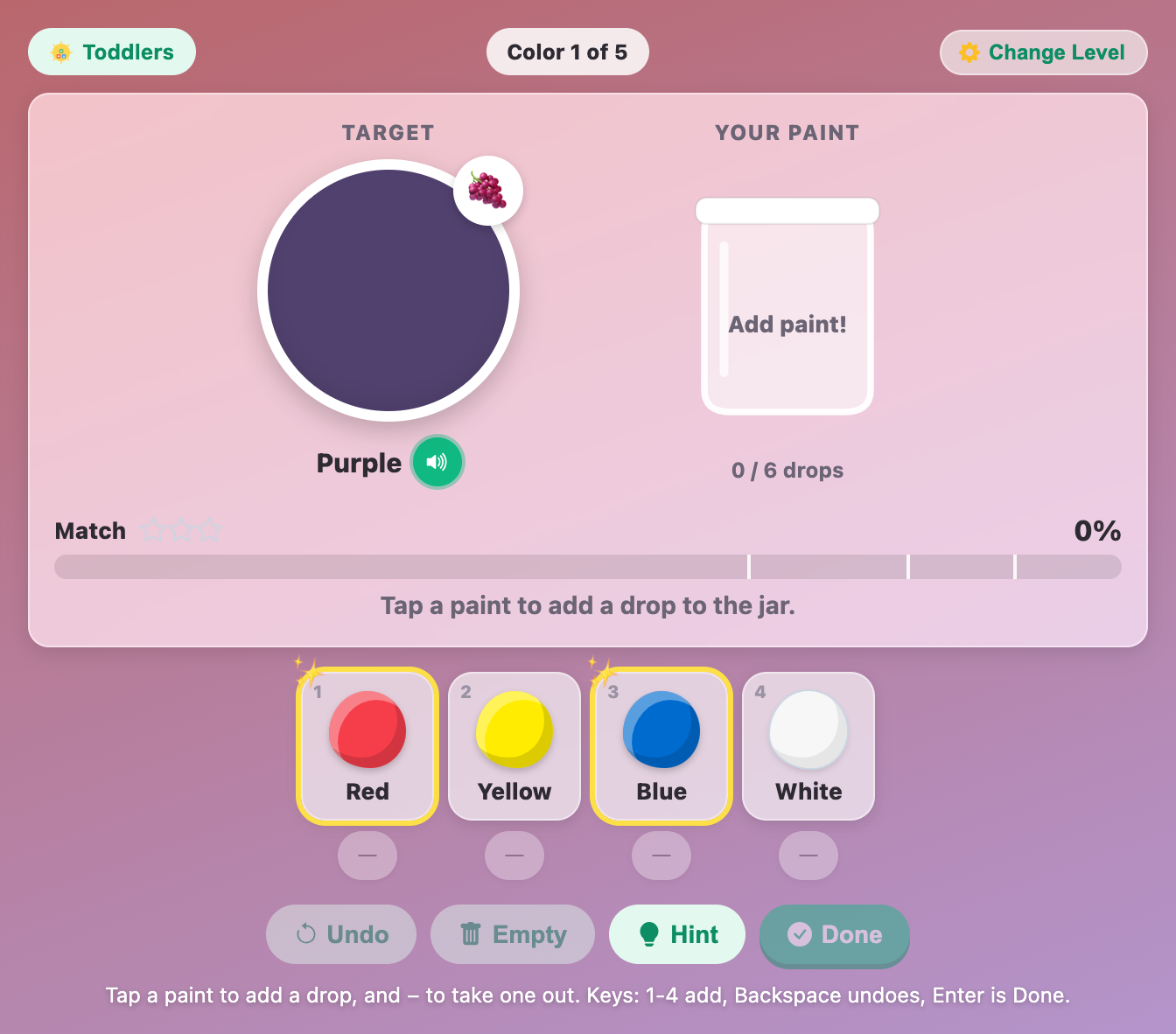 a purple target at the Toddlers level with an empty jar and sparkles on the red and blue paints
