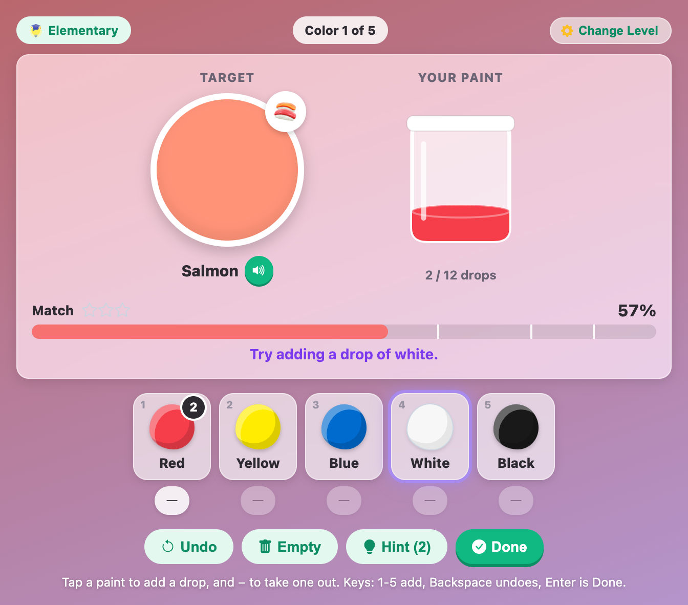 the hint in Paint Match Lab glowing on the white paint and saying Try adding a drop of white