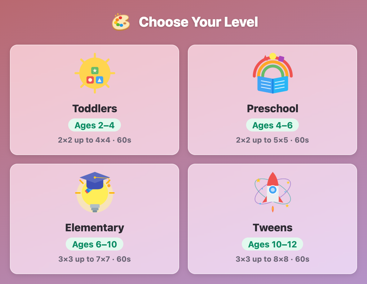 the Choose Your Level screen in Odd Shade Out for kids, with grids from 2x2 up to 8x8 and a 60 second clock
