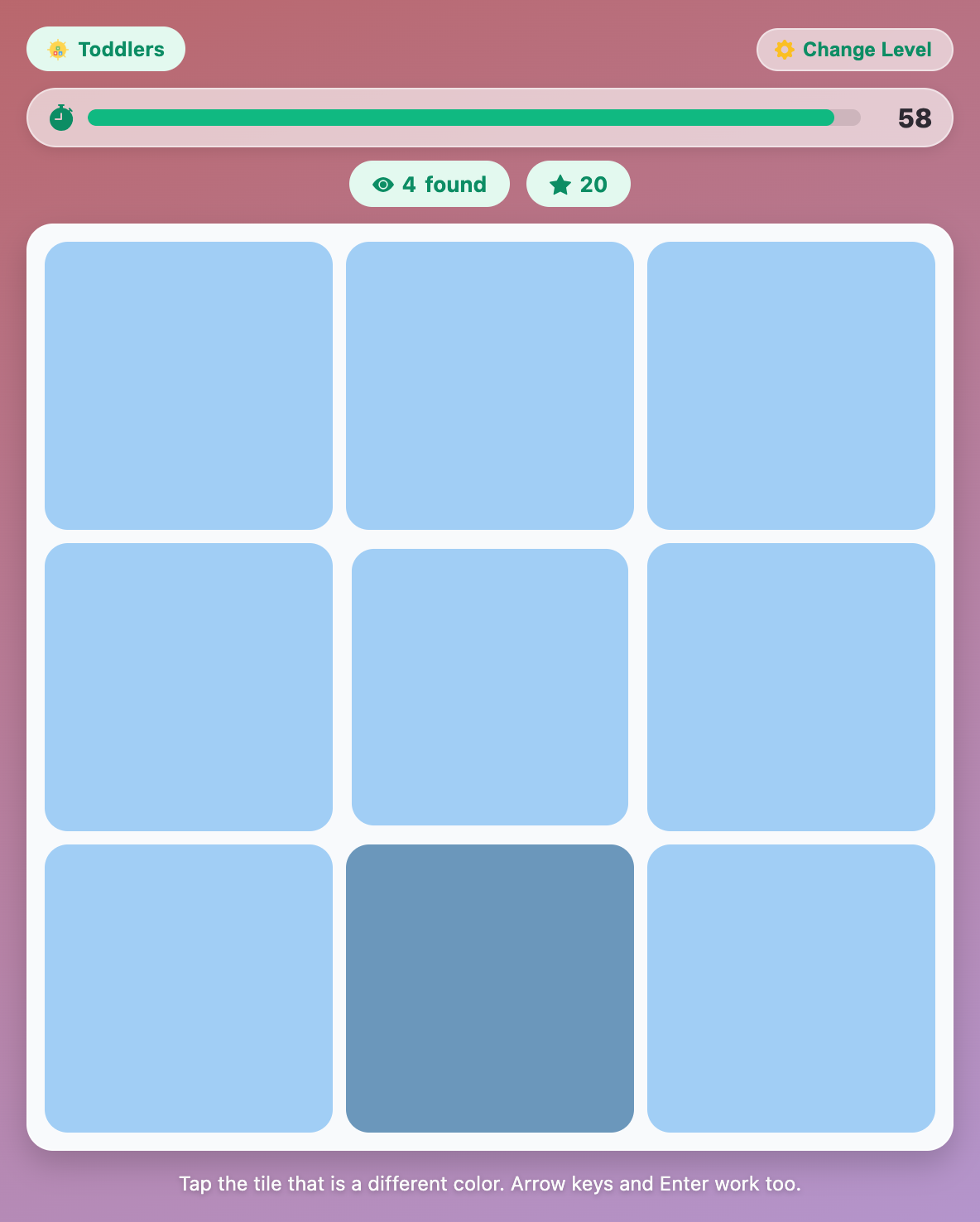 a 3x3 grid of light blue tiles with one darker tile in Odd Shade Out for toddlers, after 4 finds