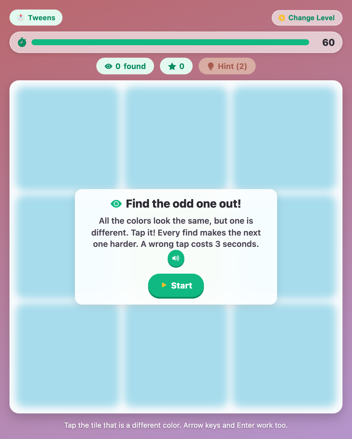 the Find the odd one out start card over a blurred first grid at the Tweens level